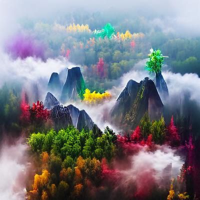Colorful Mountains and Forests in Fog