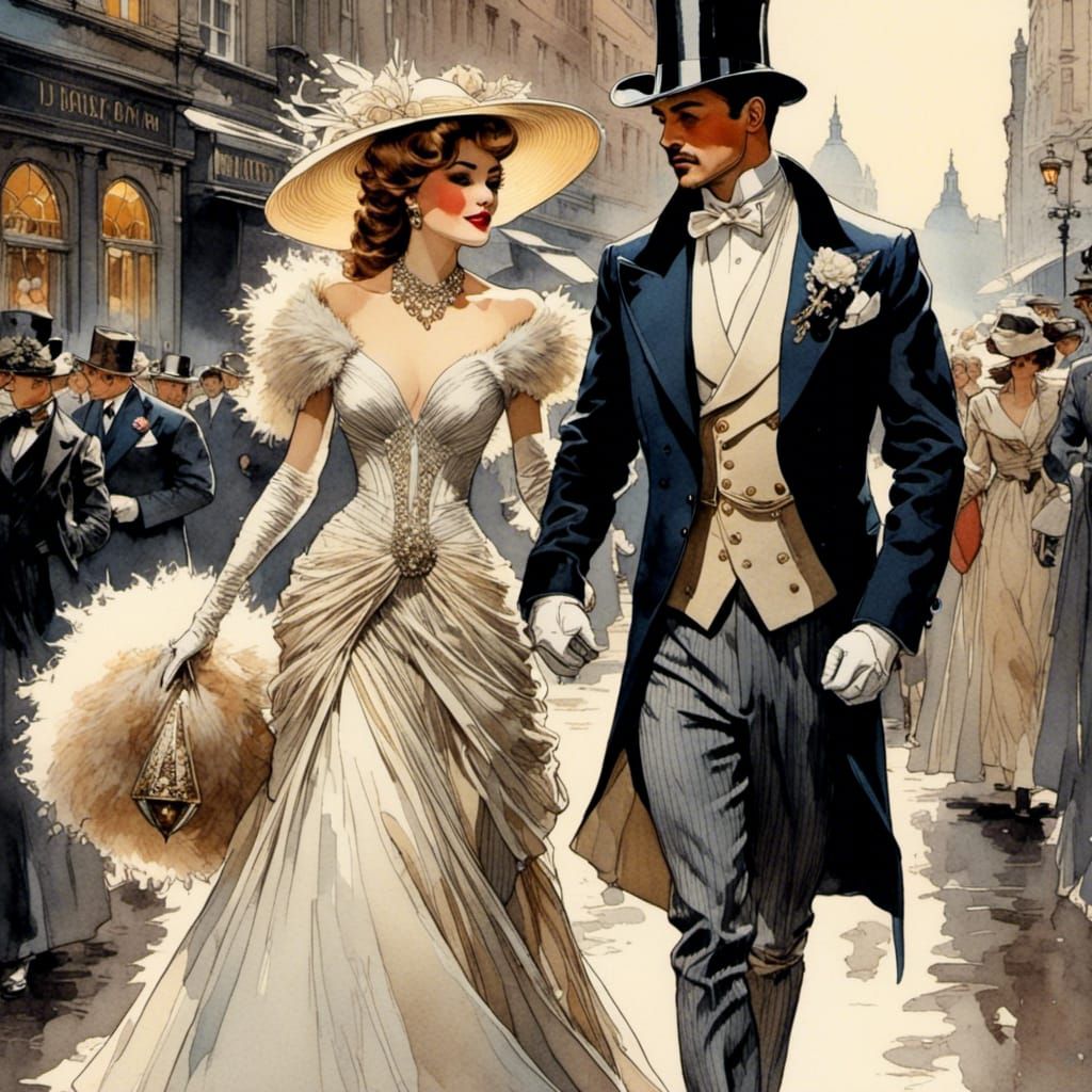 Romantic Couple Strolling London Street in Watercolor Style