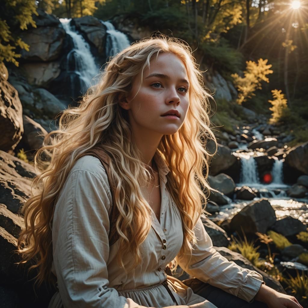 Blonde Beauty Beneath Waterfall in Cinematic Sunlight