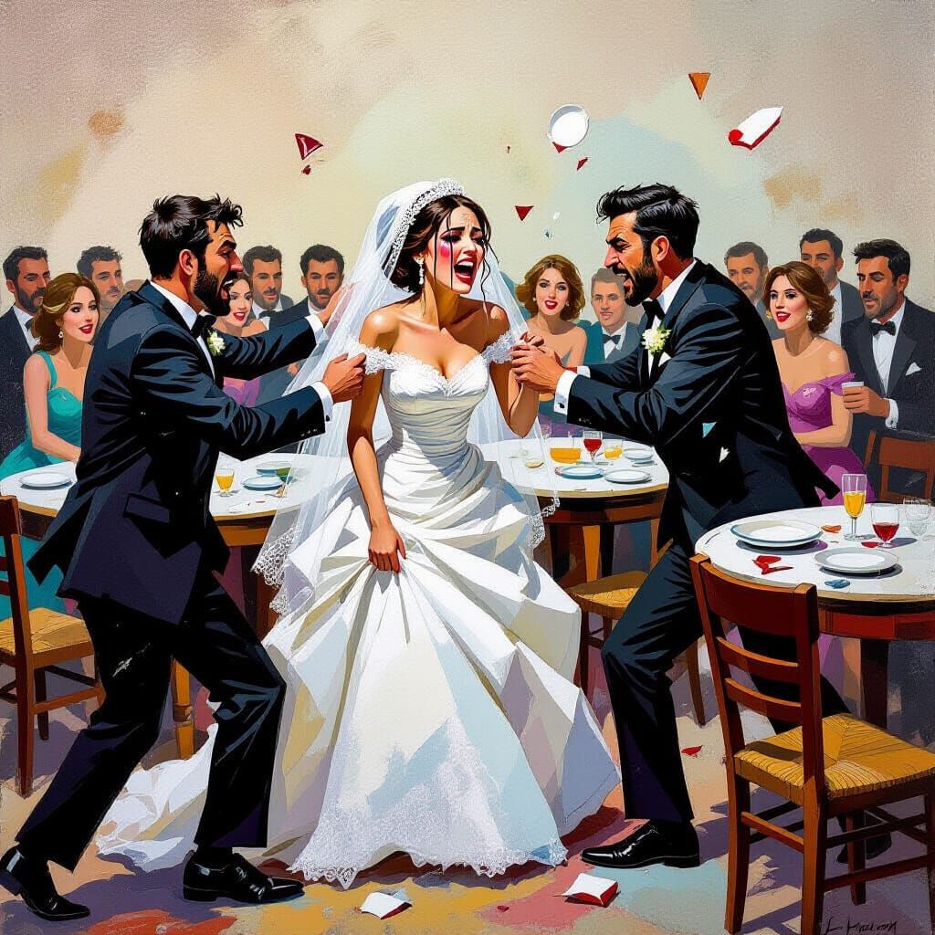 Greek Wedding Brawl in Surrealist Style