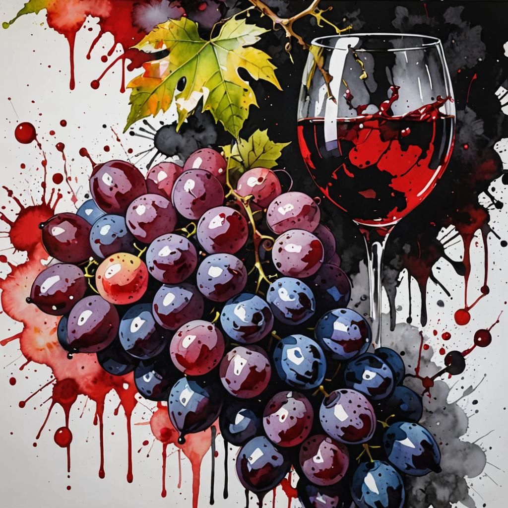 Abstract Ink Still Life with Grapes and Lips