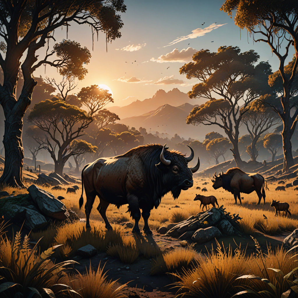 Fantasy Landscape Painting with Wild Animals in Warm Golden...
