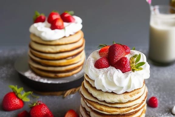 Towers of Strawberry Whipped Cream Pancakes