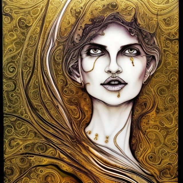 Detailed Witch Portrait with Gold Filigree Background