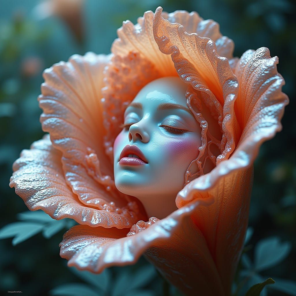 a gorgeous face, inside a grotesque flower petal creature, dripping, vibrant silver, platinum, rainbow, gloss, glass