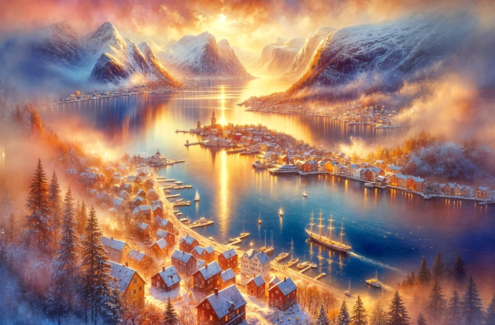 Impressionist Watercolour of a Luminescent Norwegian Fjord C...