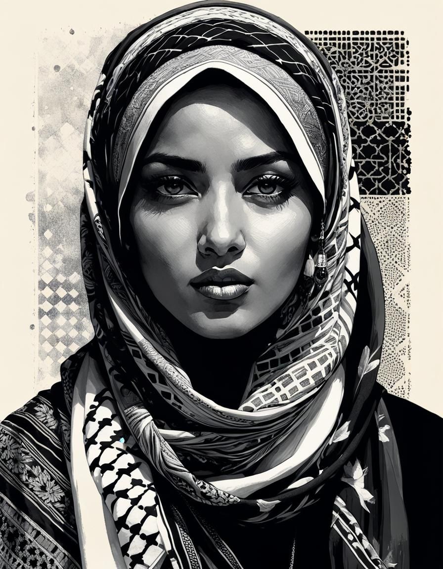 Palestinian Woman Portrait in Black and White Ink