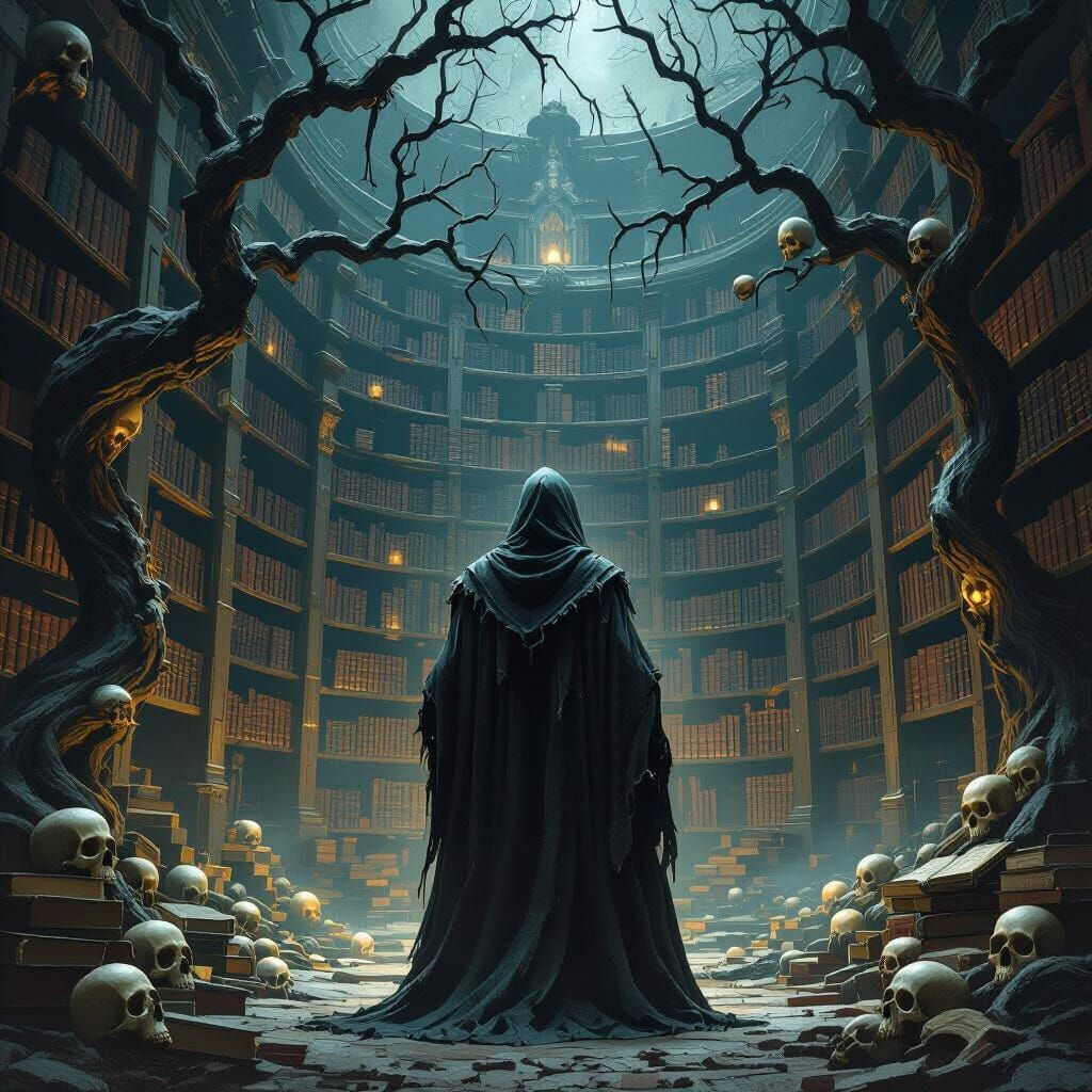 Dark Fantasy Library with Hooded Figure