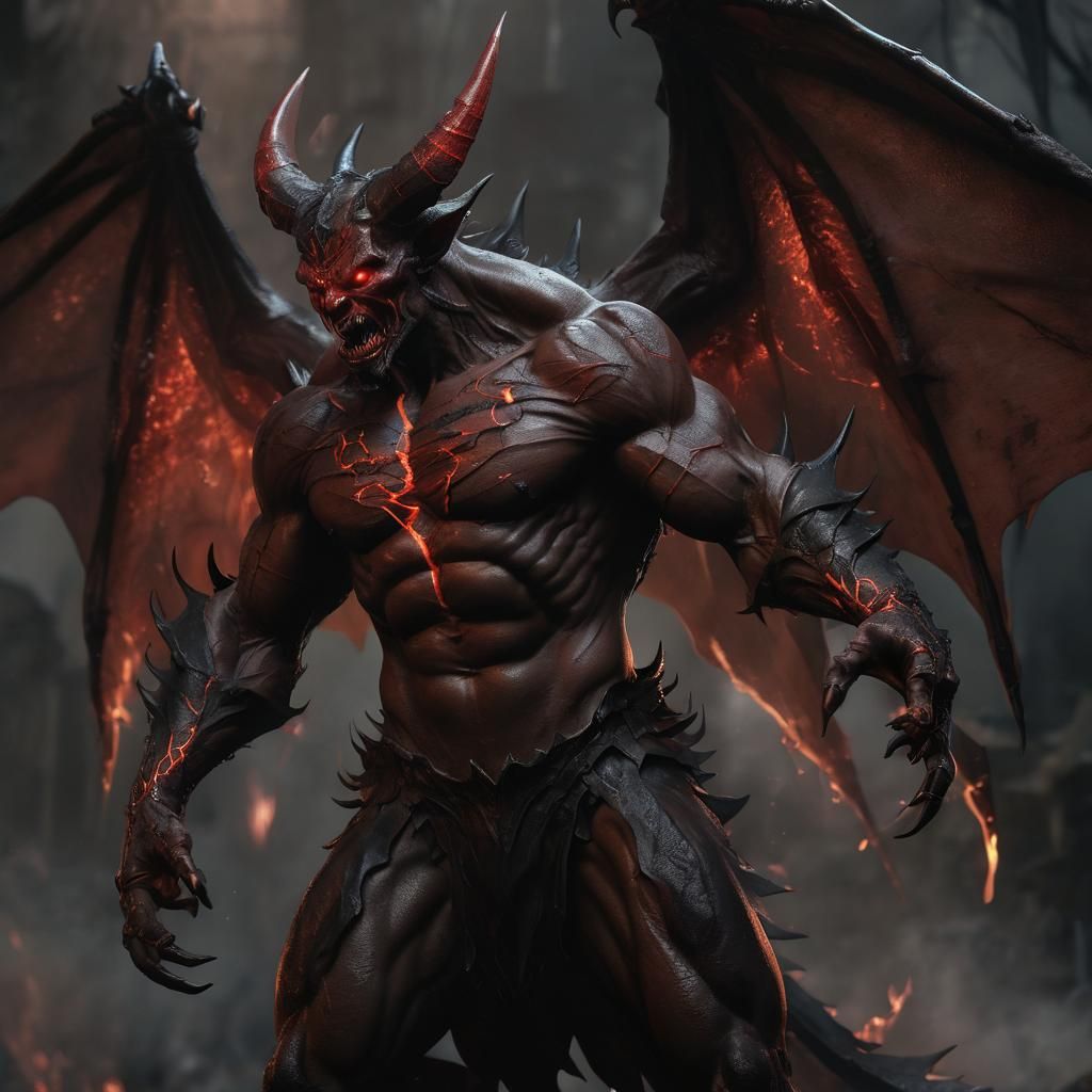 Muscular Horned Demon with Magma Lines and Wings