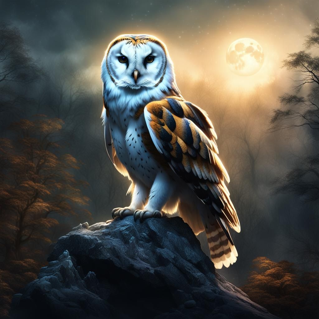 Majestic Tiger-Owl Hybrid in Moonlit Forest