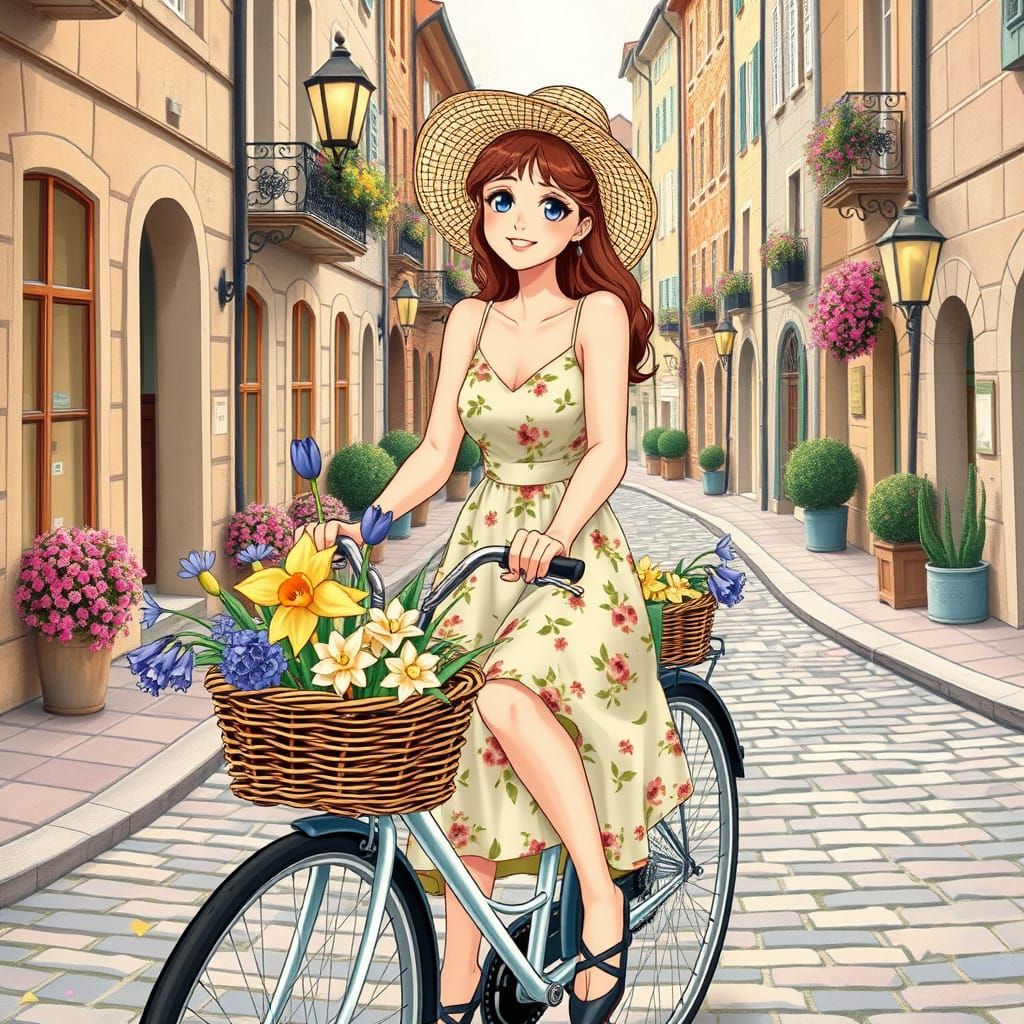 Woman Riding Vintage Bicycle in Charming Old European Town M...