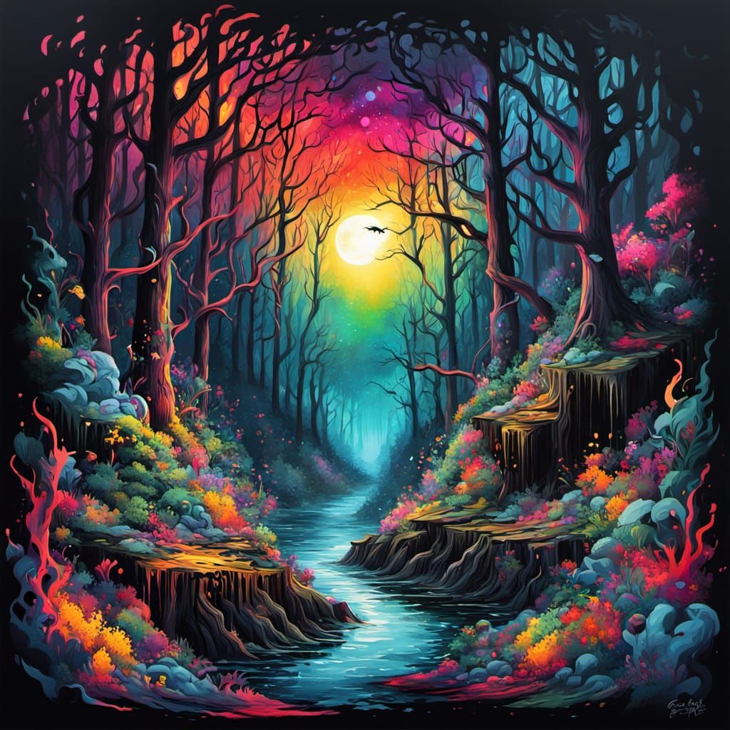 Colorful Forest and Sea Graffiti Art