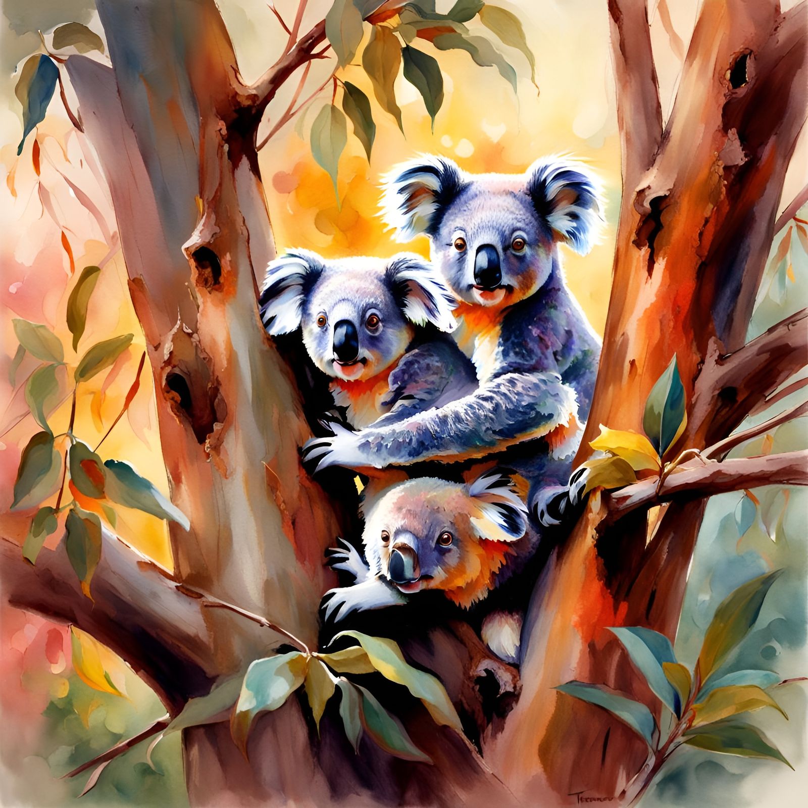 Koala Bears in Gum Tree, Watercolor Style