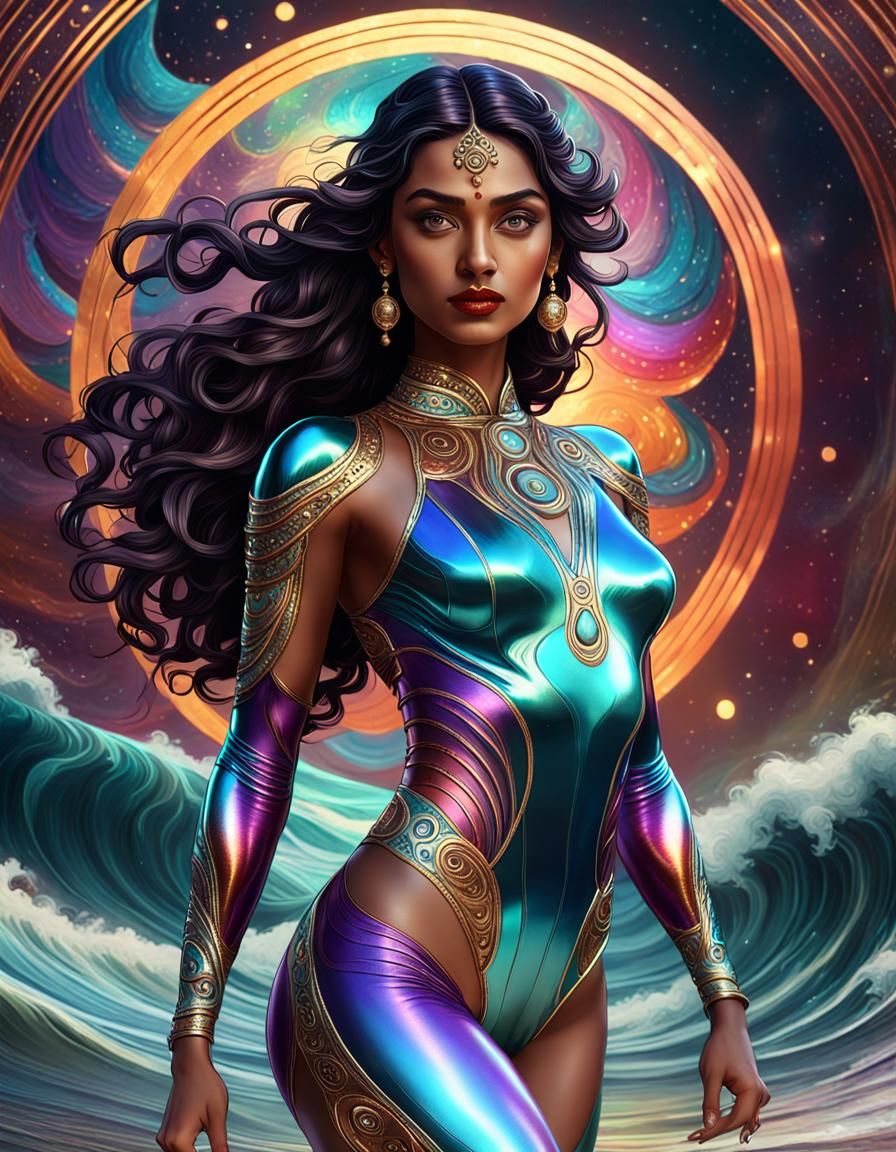 Indian Fantasy Beauty in Cosmic Waves, Hyperdetailed Art