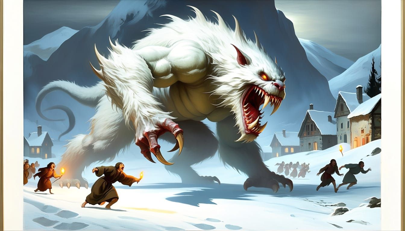 Grotesque Fur Monster Attacks Snowy Village