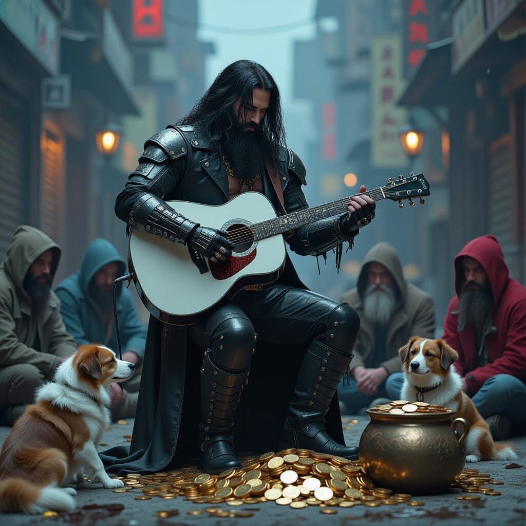 Robot Busker Performs for Beggars, Syd Mead Style