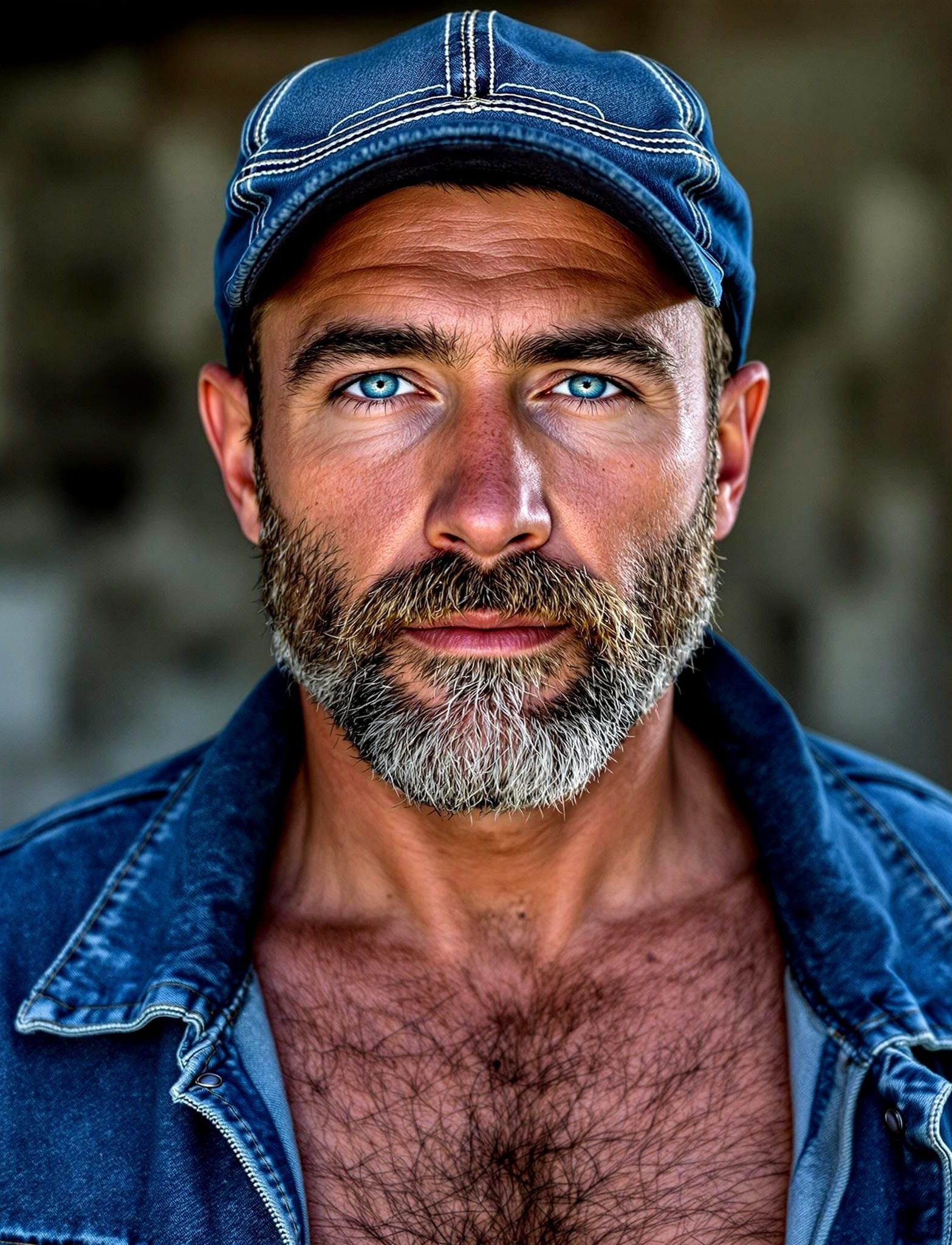 A rugged mand with a short neatly kept beard, striking blue ...