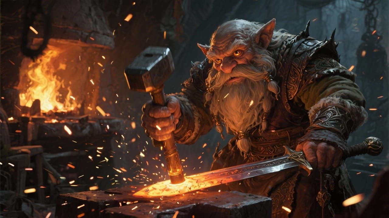 Dwarf Blacksmith Forging Sword in Fiery Forge