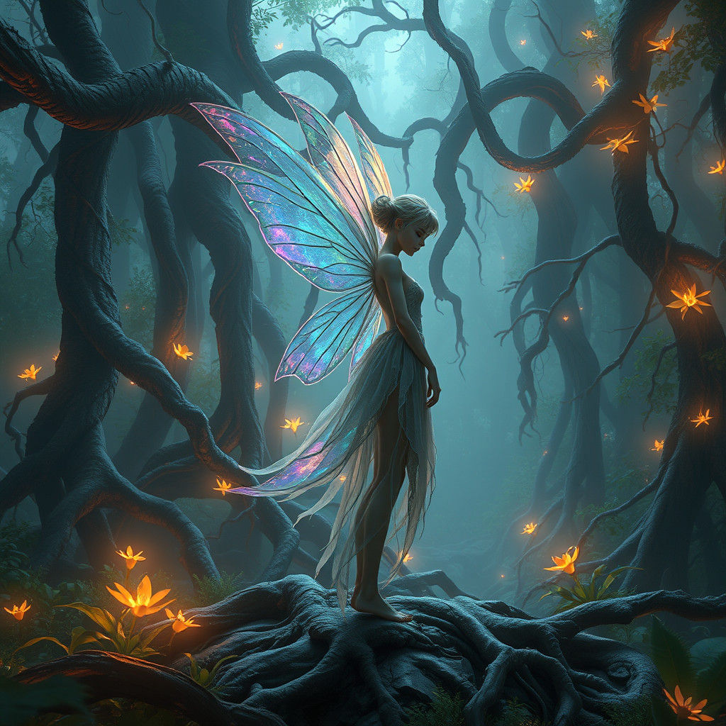 Ethereal Faerie in Bioluminescent Forest, Matte Painting