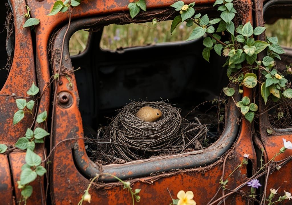 Nature's Reclamation of a Forgotten Car in a Dreamy Watercol...
