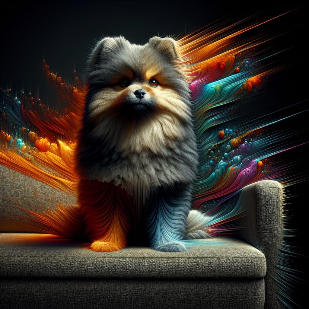 Hyperrealistic Fluffy Dog on Couch Concept Art