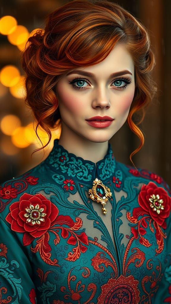 Surreal Goddess in Opulent, Ornate Dress with Elaborate Embr...