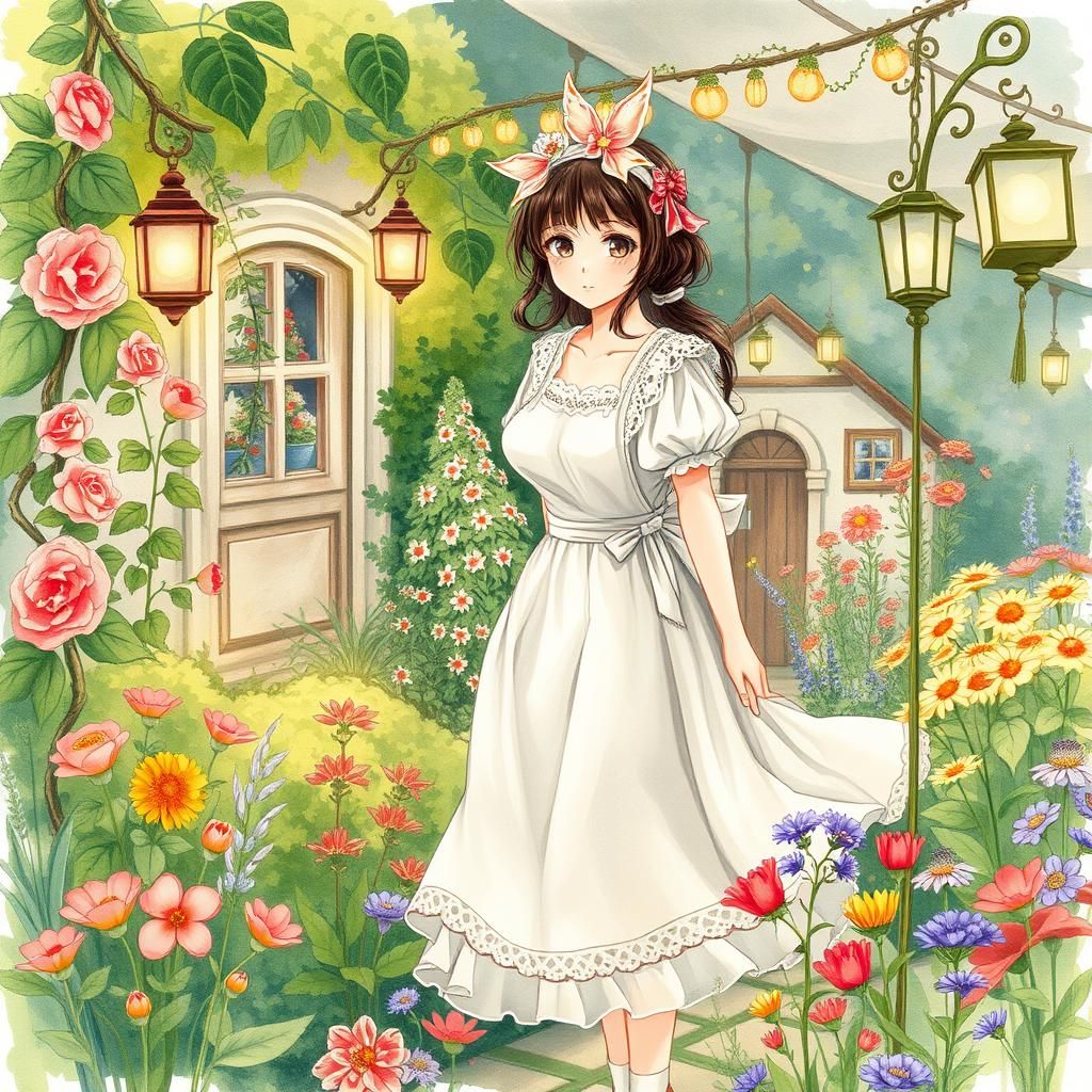 Whimsical Cottage Garden in Watercolor Style