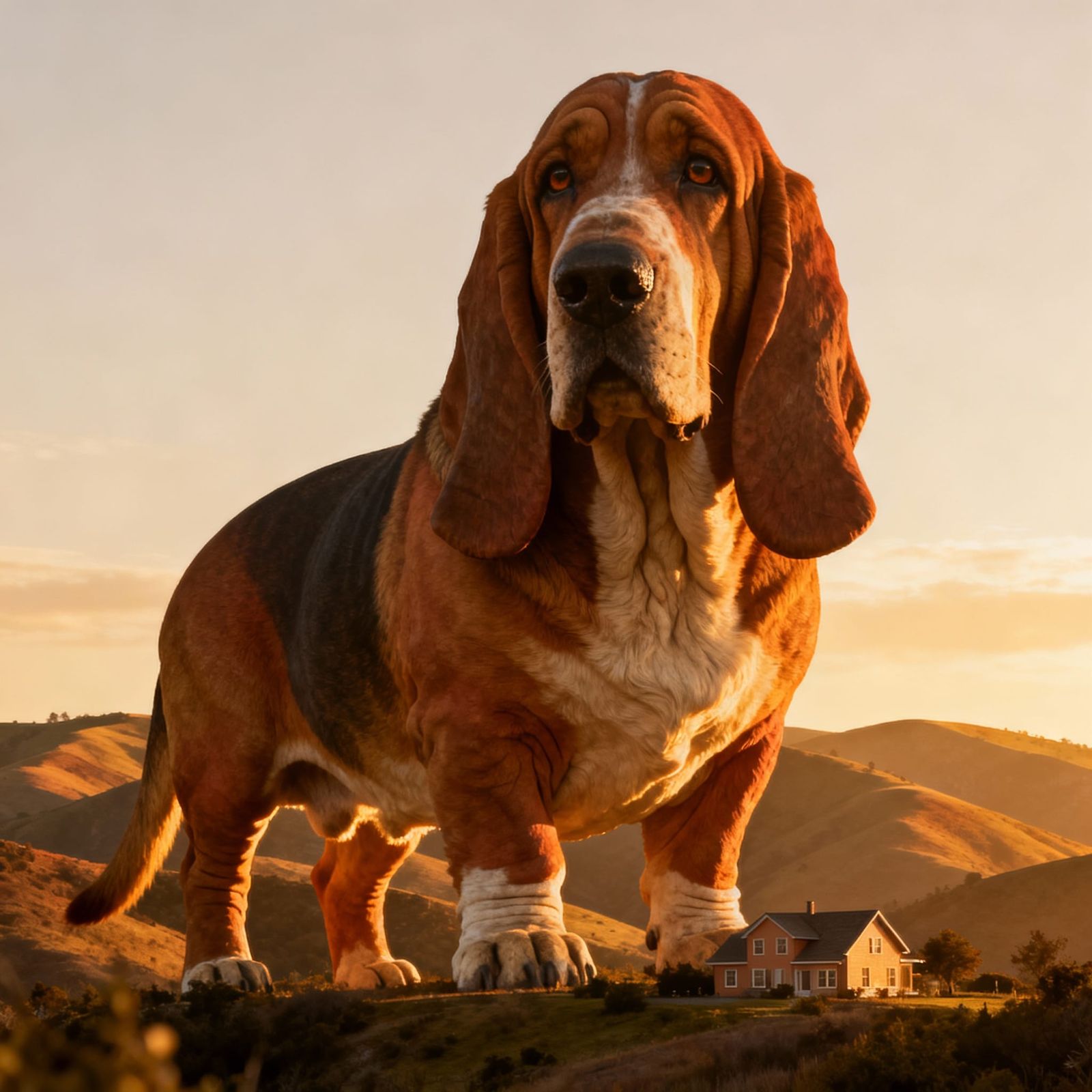 Giant Basset Hound in Hyper-Realistic Style at Golden Hour