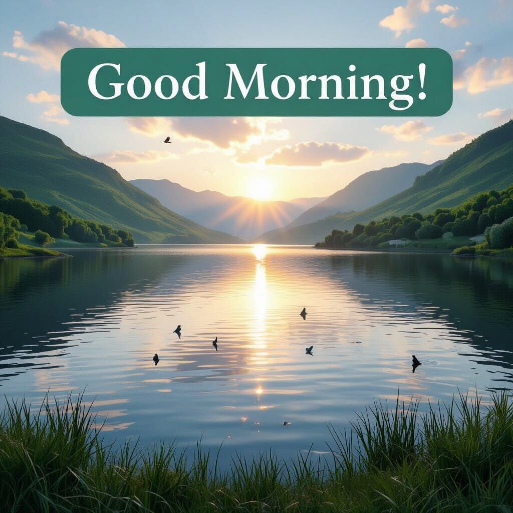 Sunrise Over Tranquil Lake with Lush Hills