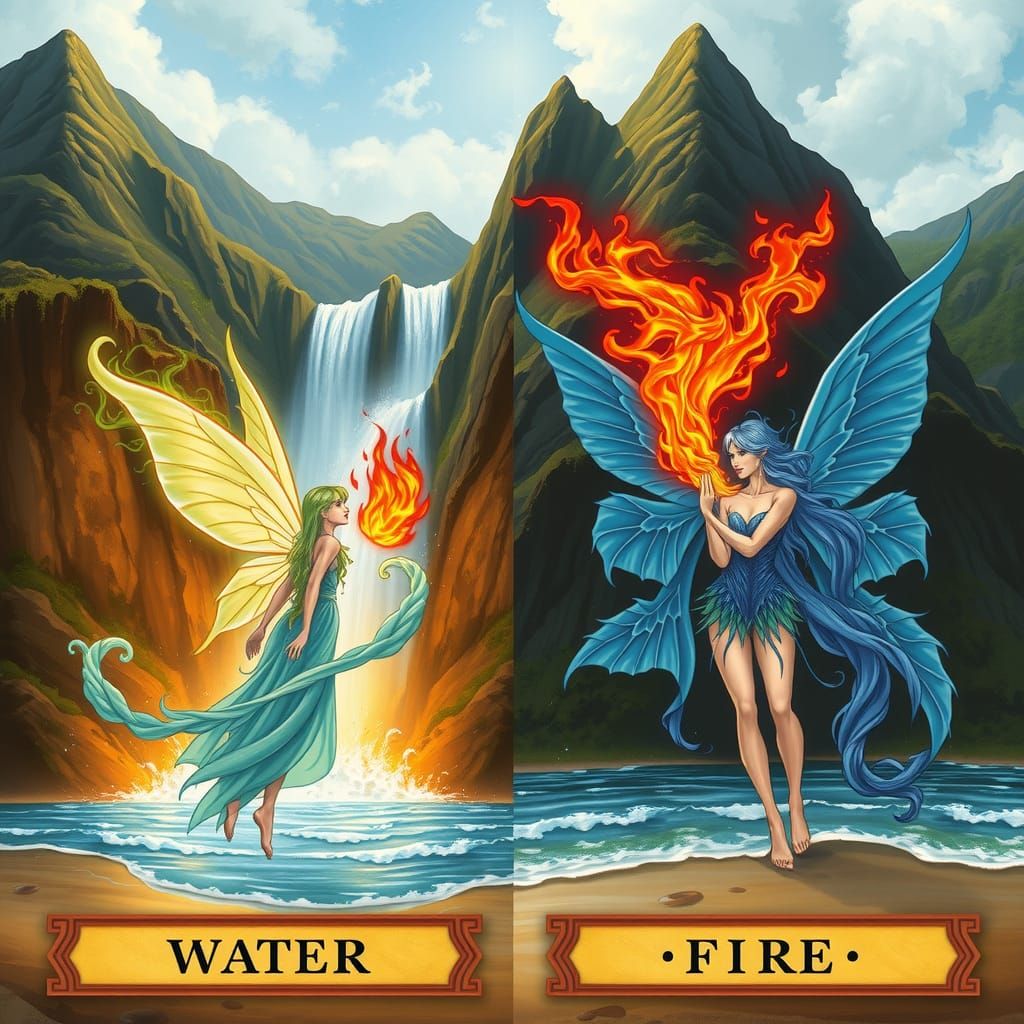 Water and Fire Fairies at Fantasy Waterfall