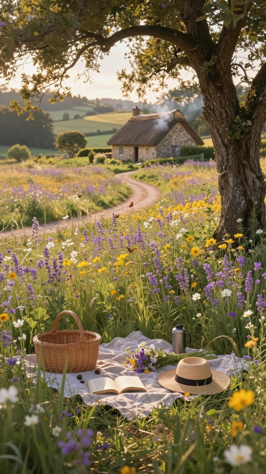 Dreamy Wildflower Meadow at Golden Hour with Cottage
