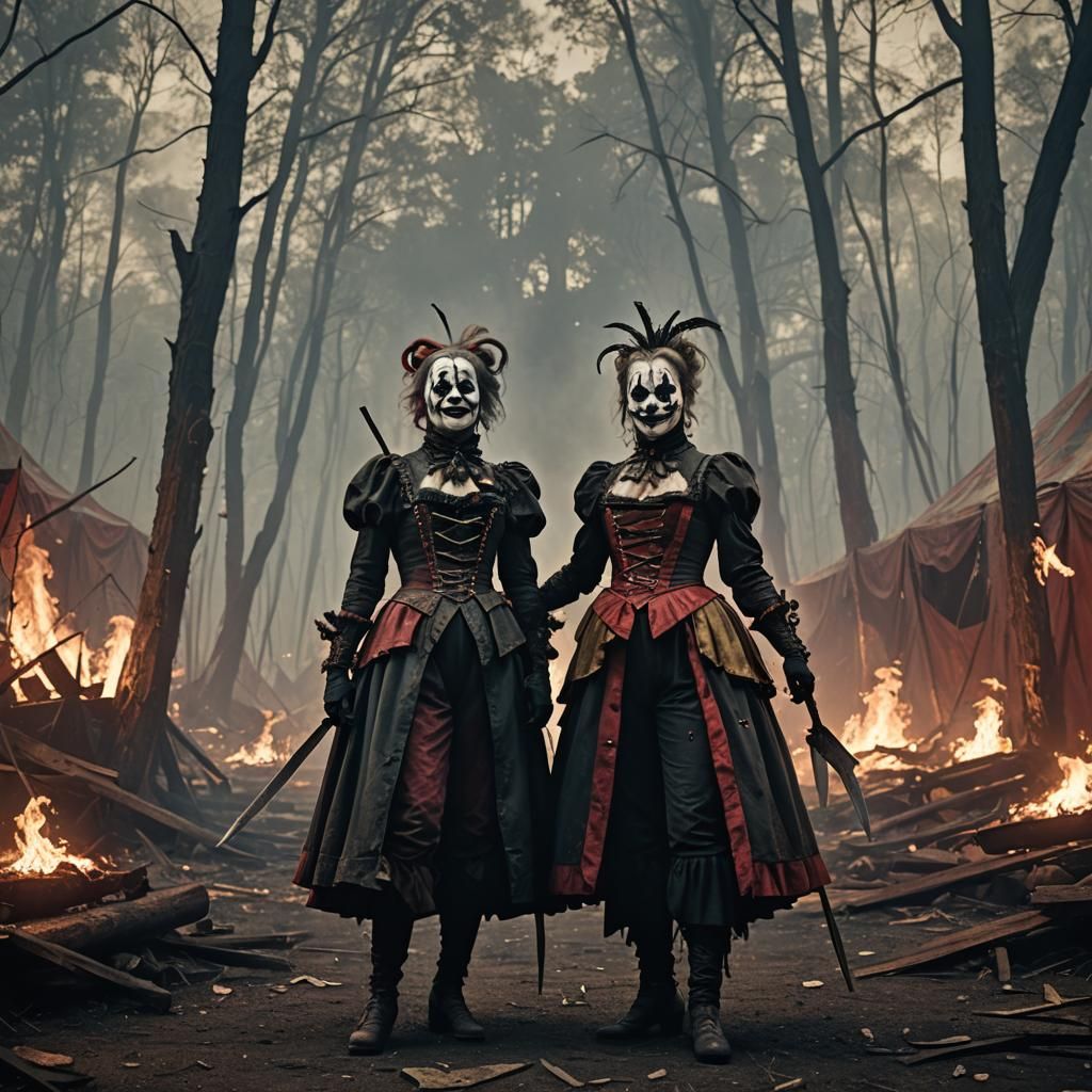 Sinister Harlequins in Burning Circus Tent