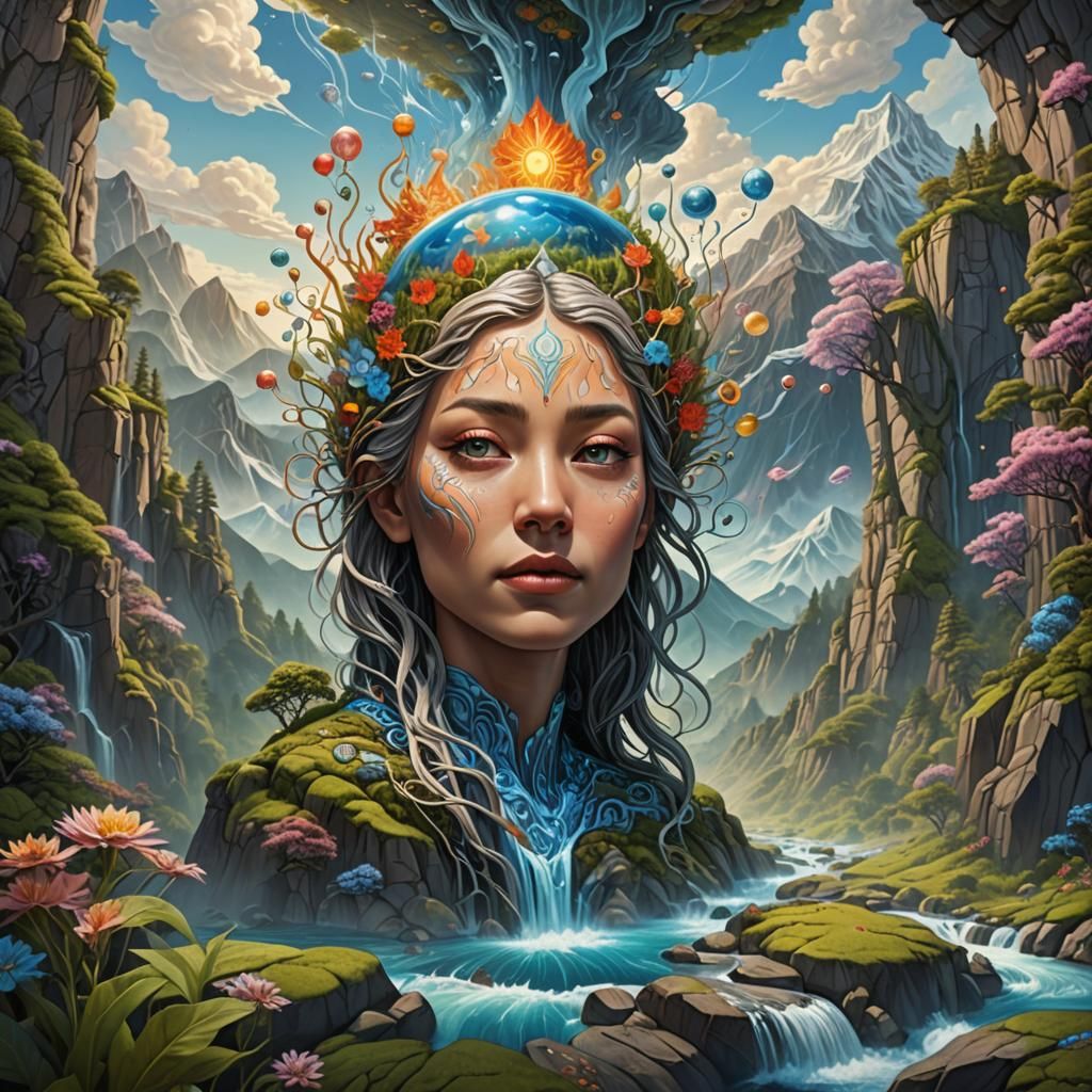 Surreal Figure in Mountain Spring: Detailed Matte Painting