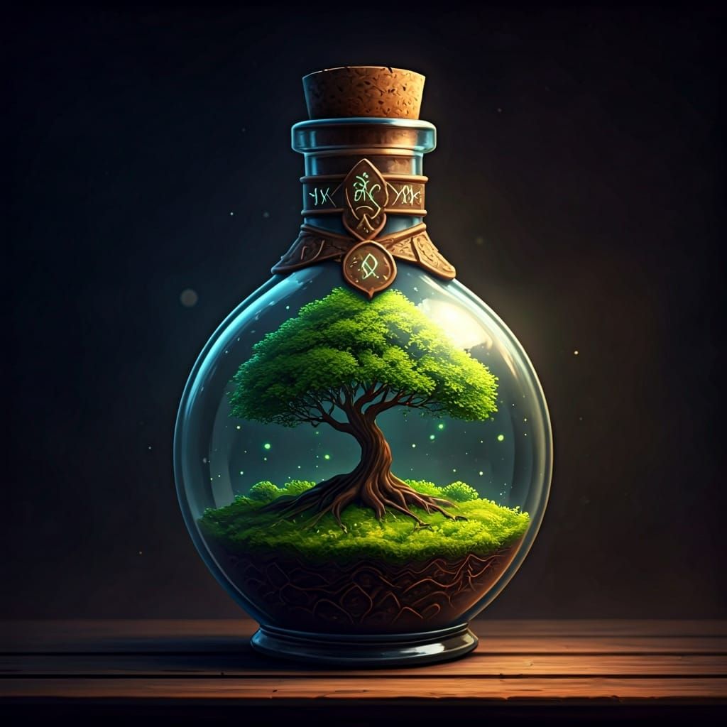 Enchanted Potion Bottle with Glowing Tree: Fantasy Art