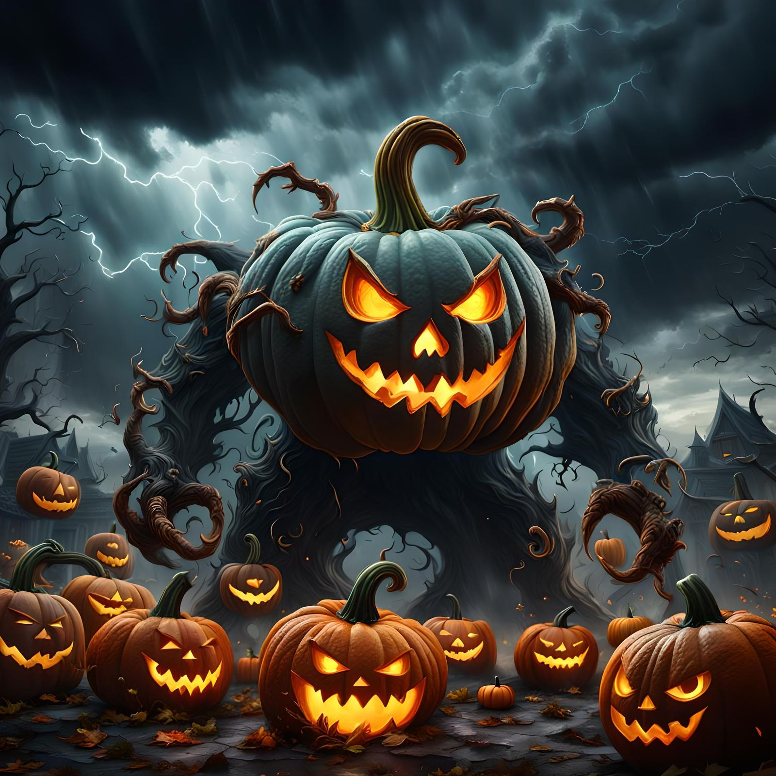Pumpkin Monster in Stormy Sky, Detailed Matte Painting