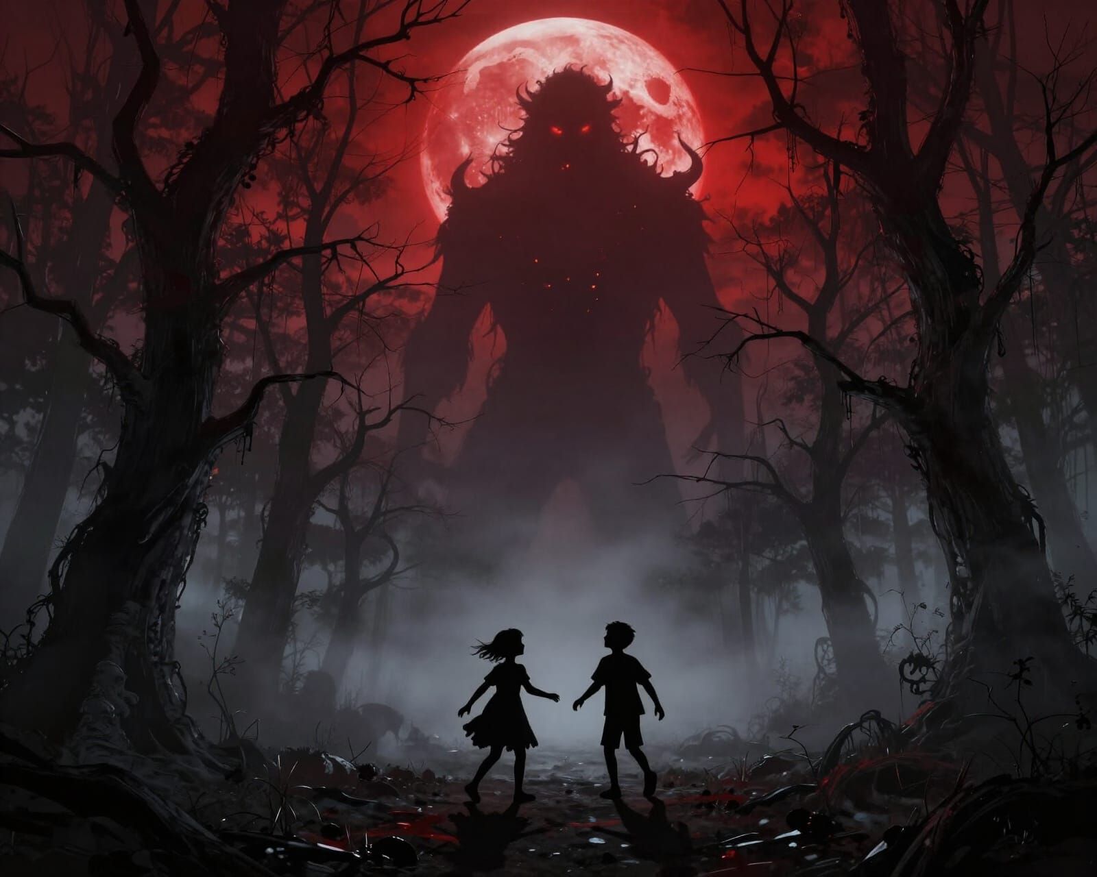 Gothic Children Under Crimson Blood Moon