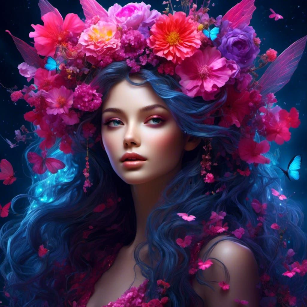 Neon Fairy with Pink Flowers, Hyperreal