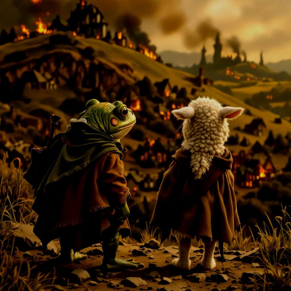 Frogo and Lambwise Gaze Upon Ruined Hobbiton