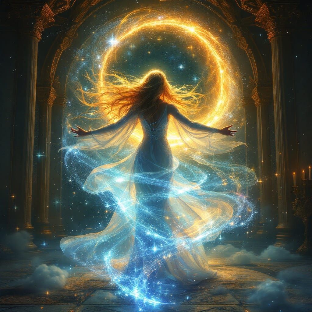 Ethereal Woman Banishes Darkness with Cosmic Energy