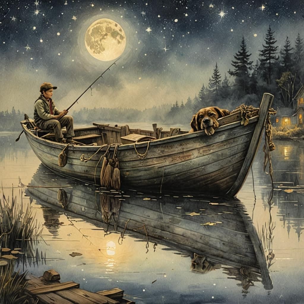 Boy Fishing at Night in Mixed Media Style