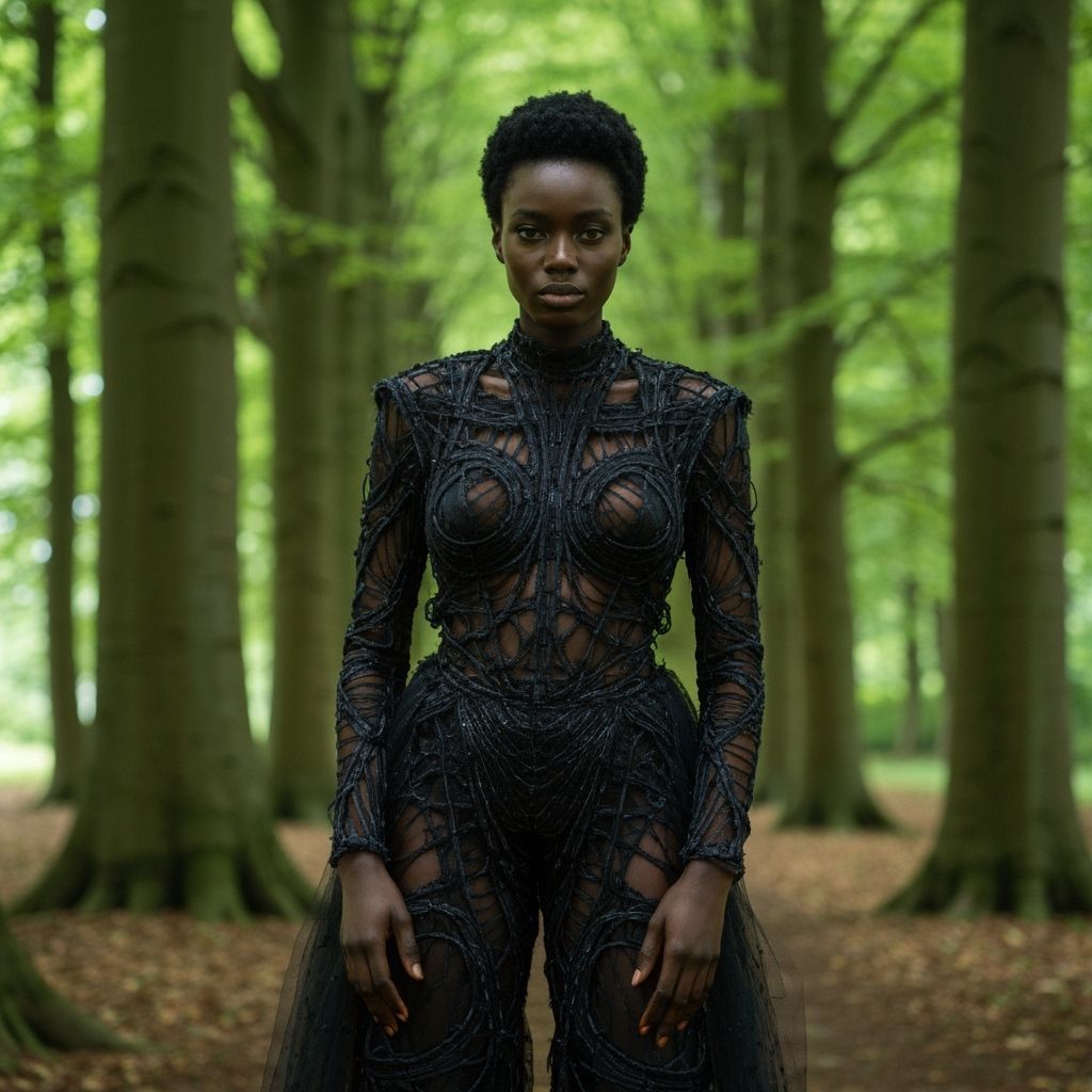 Black Woman in Avant-Garde Fashion in English Beech Forest