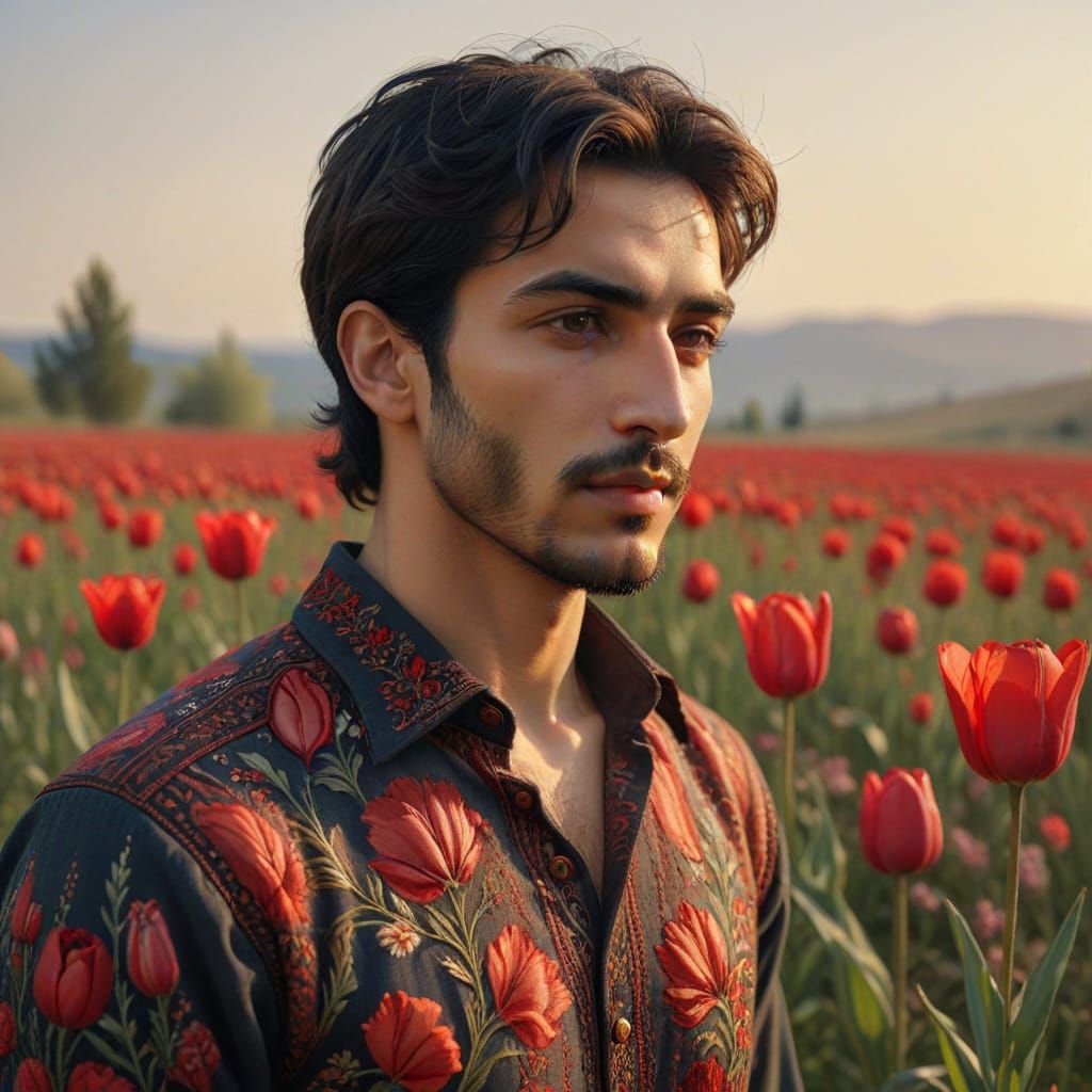 Young Man with Tulip in Pre-Raphaelite Style