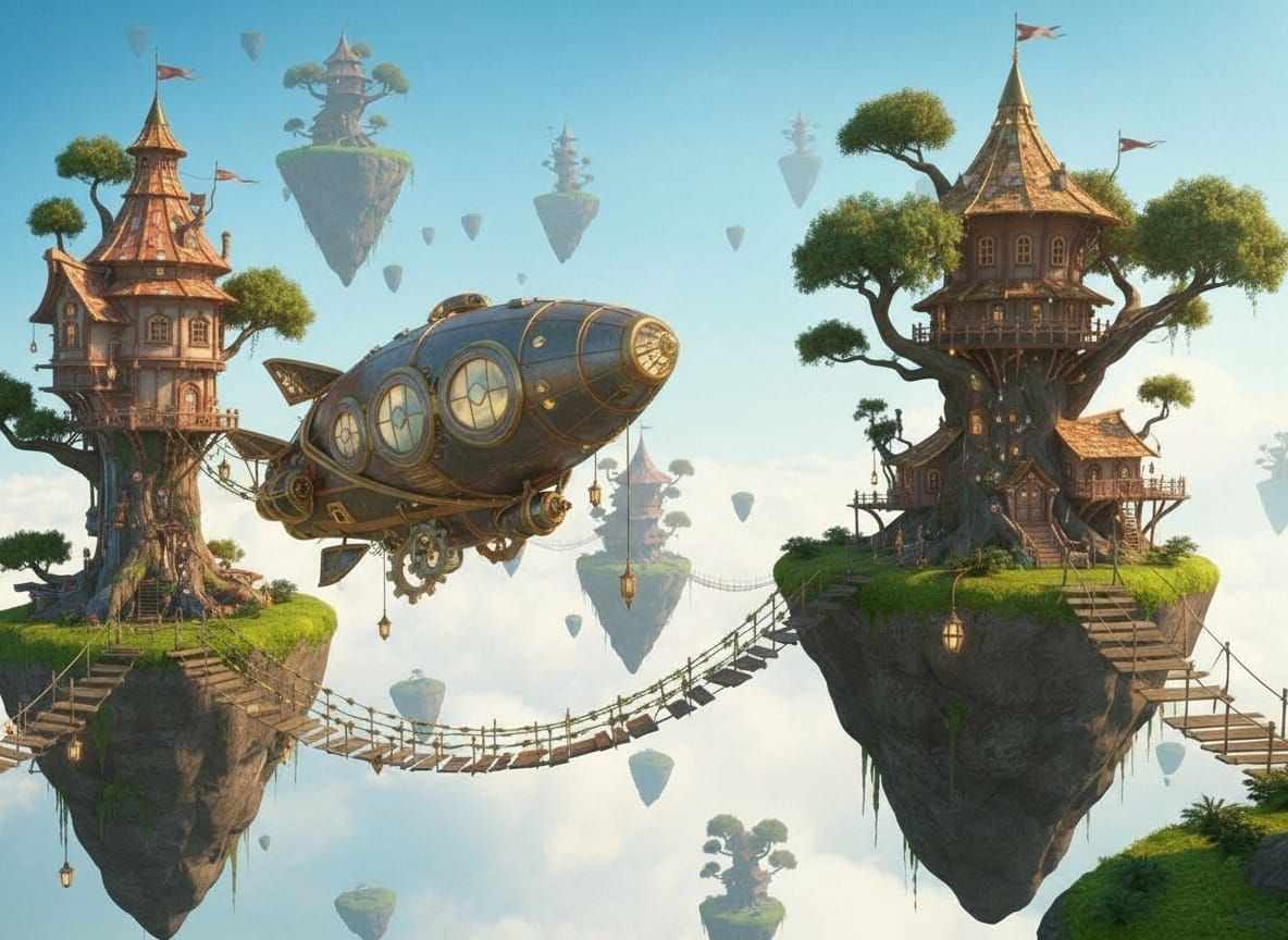 Retro-Futuristic Airship Explores Floating Island Sky Realm