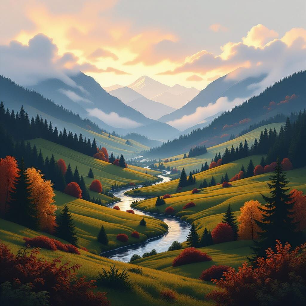 Pacific Northwest Landscape with Rolling Hills in Digital Ar...