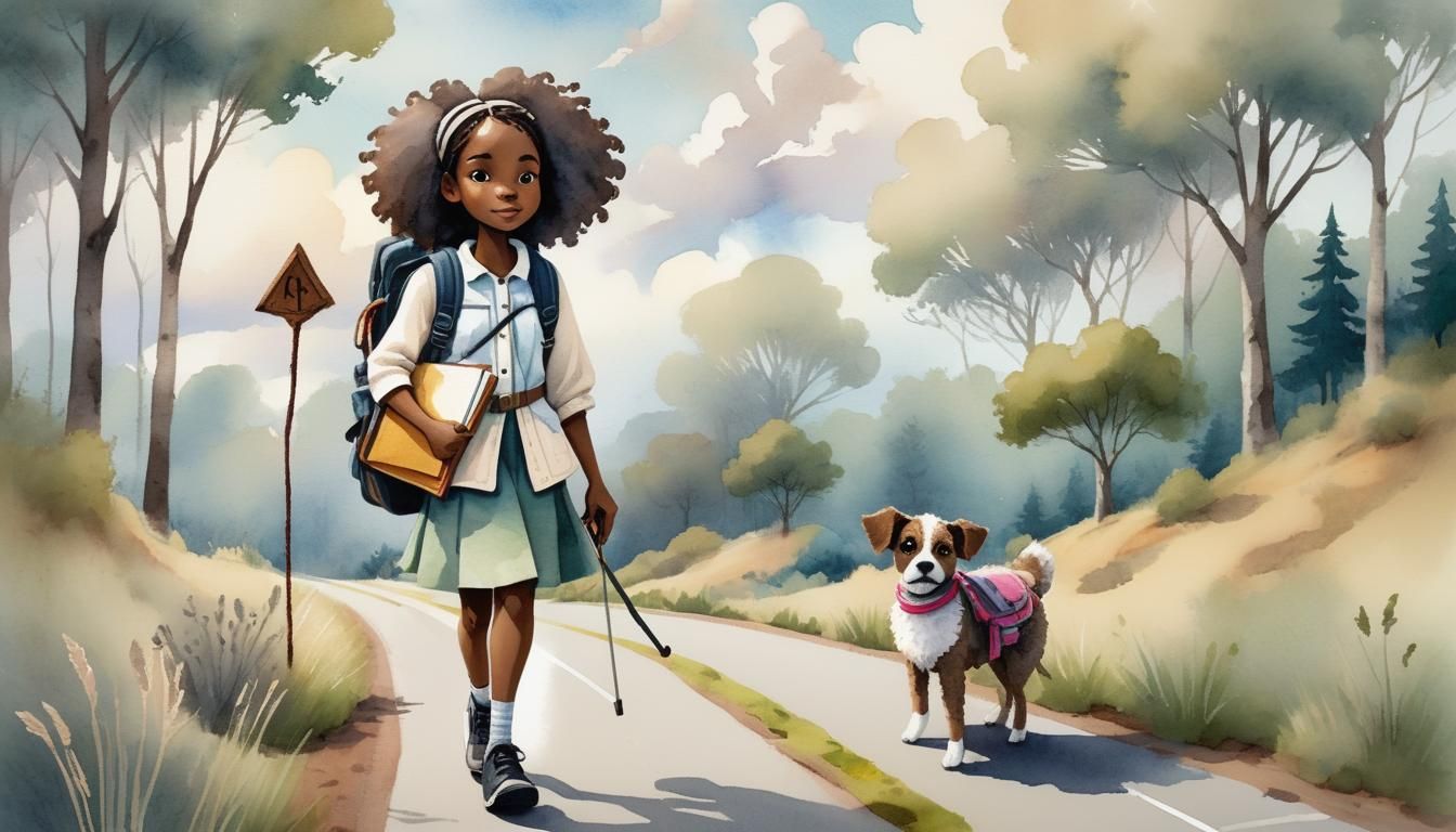 Wool Girl Hiking with Dog in Watercolor Style