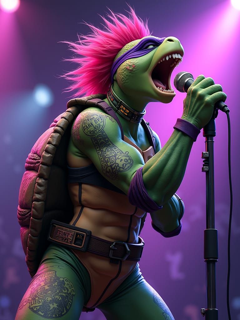Turtle Rockstar Performs on Stage: Digital Illustration