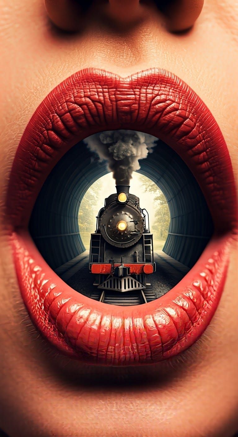 Vibrant Double Exposure Portrait of Giant Red Lips and Tiny ...