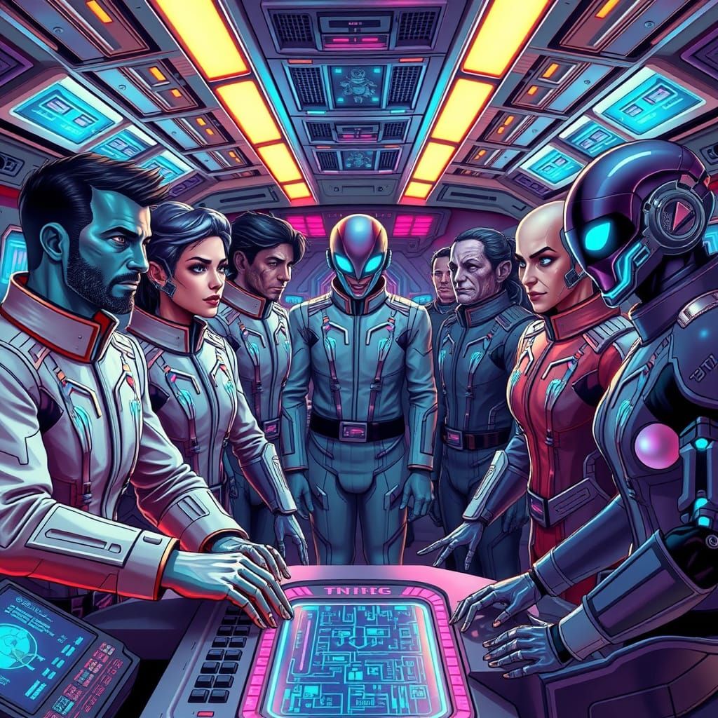 Diverse Starship Crew on Advanced Bridge in Synthwave Style