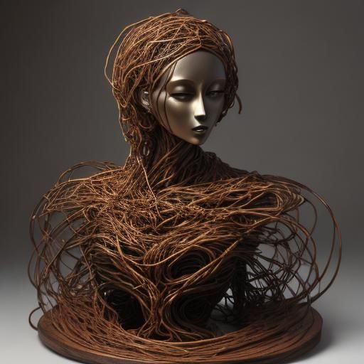 Surreal Wood Sculpture of a Woman in a Swirling Network