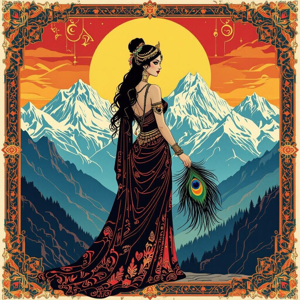 Greek Goddess Overlooks Swiss Alps in Impressionistic Oil Pa...